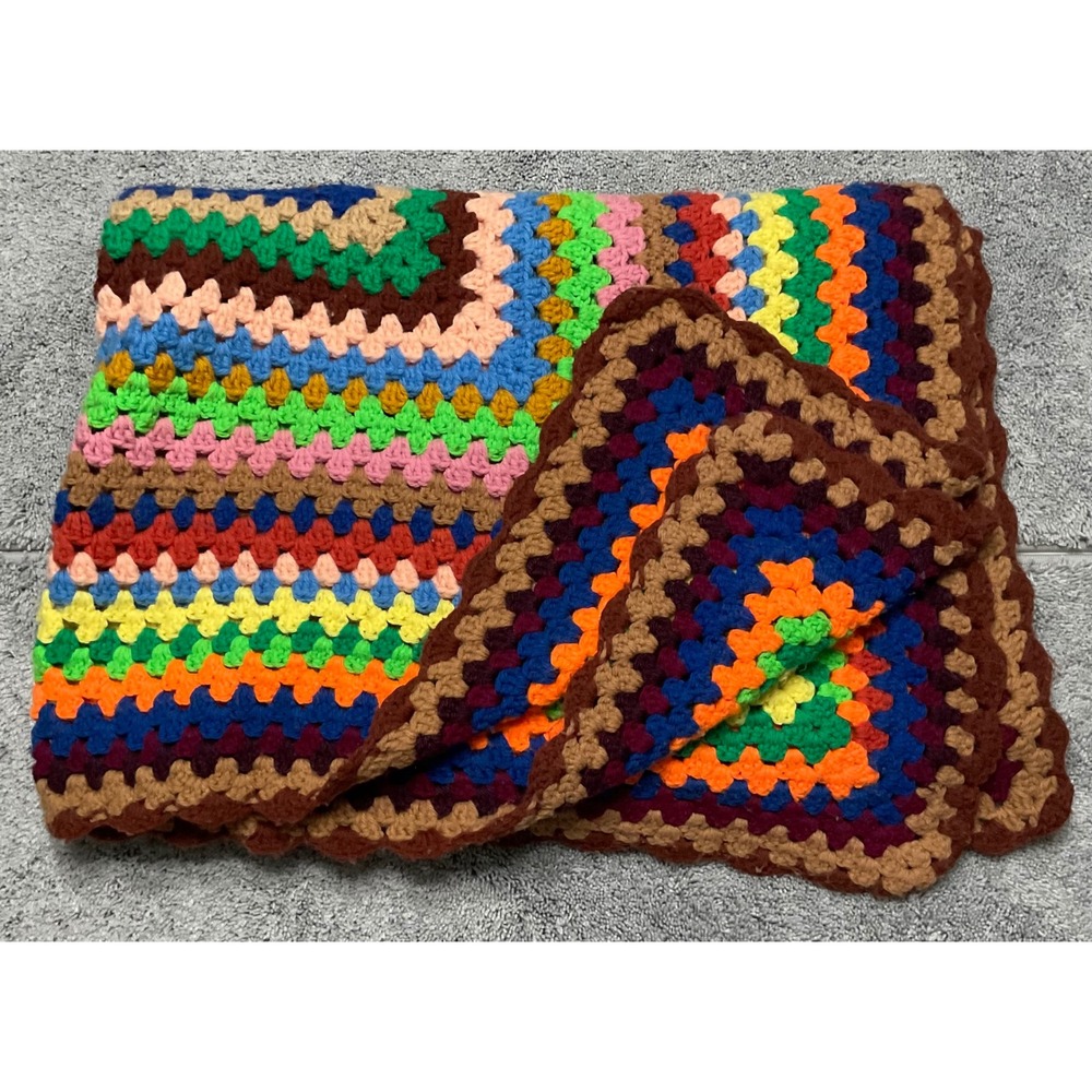 Vintage Handmade Crochet Granny Square Rainbow Afghan Throw Blanket 64x42